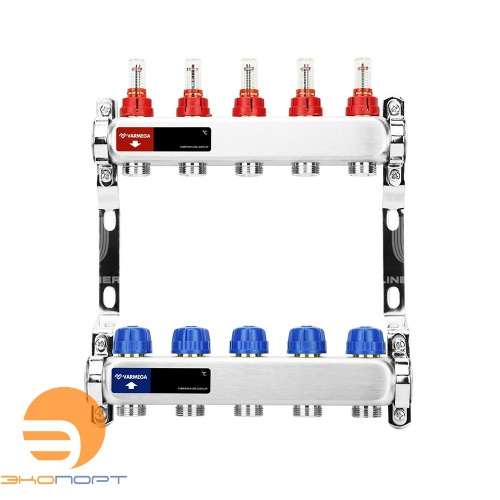 Коллектор с расходомерами 5 выходов (ВР1", 3/4" EK), нерж сталь Varmega