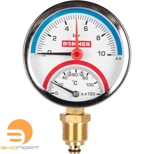 Термоманометр радиальный, Dn 80 мм 1/2 , 0...120°C, 0-10 бар, ROMMER
