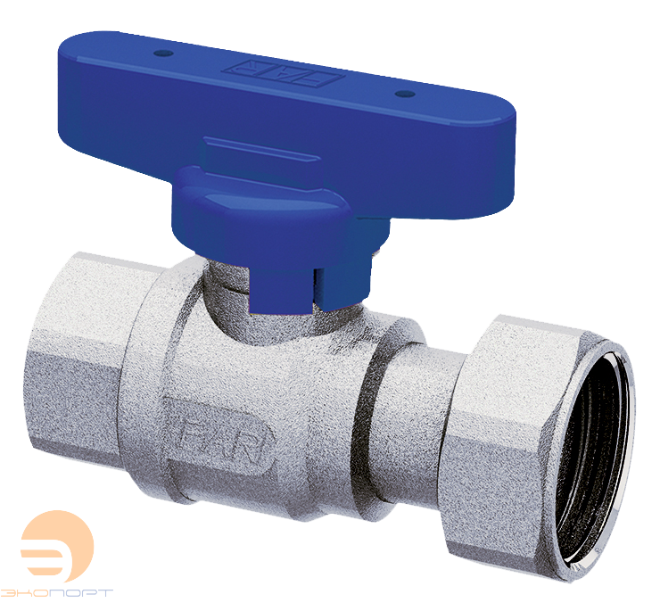 Кран шаровой прямой хром. 3/4"ВР -3/4"накид.гайка (бабочка, синий.) FAR