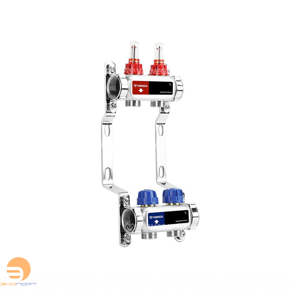 Коллектор с расходомерами 2 выхода (ВР1", 3/4" EK), нерж сталь Varmega
