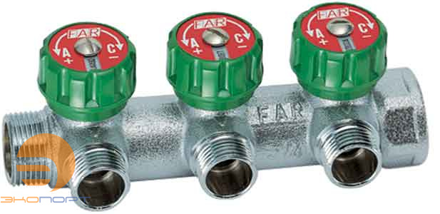 Регулирующий коллектор 1 1/4" (НР - ВР) c 3-мя отводами 1” (межосев. 70 мм) FAR