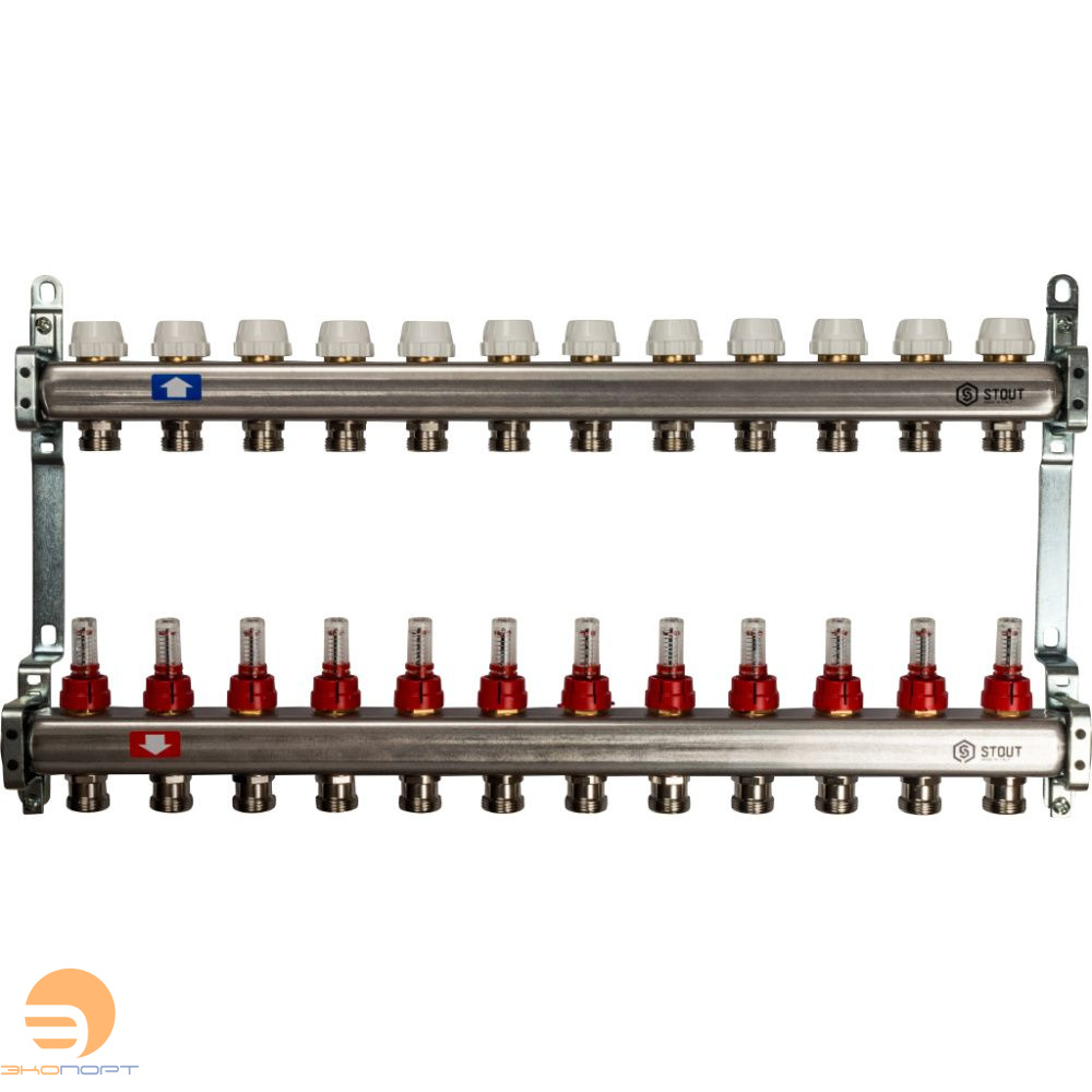 Коллектор 12 вых с расходомерами (без сливных кранов, без воздухоотводчиков, без заглушек) Stout