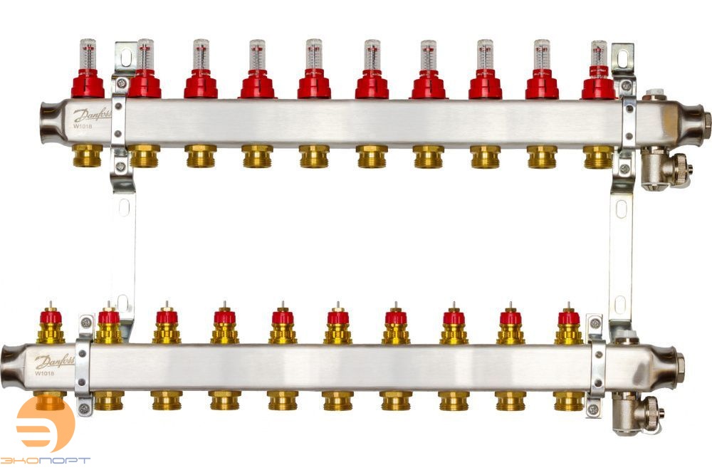 Коллекторы SSM-10F с расходомерами и кронштеинами, 10 контуров,  нерж.