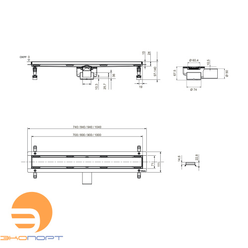 Комплект дренажного канала Linus  700 с основой "plate" для плитки или керамогранита TECEspring