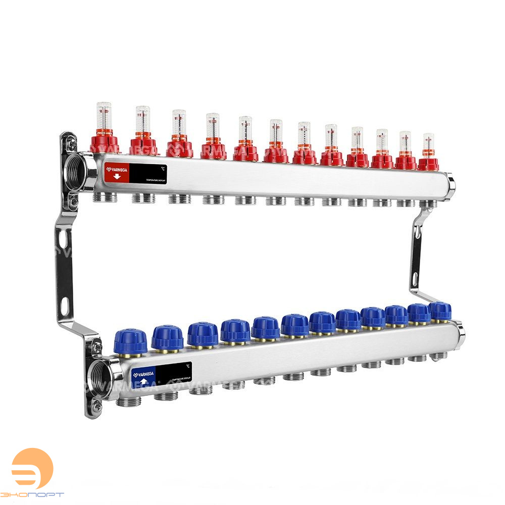 Коллектор с расходомерами 12 выходов (ВР1", 3/4" EK), нерж сталь Varmega