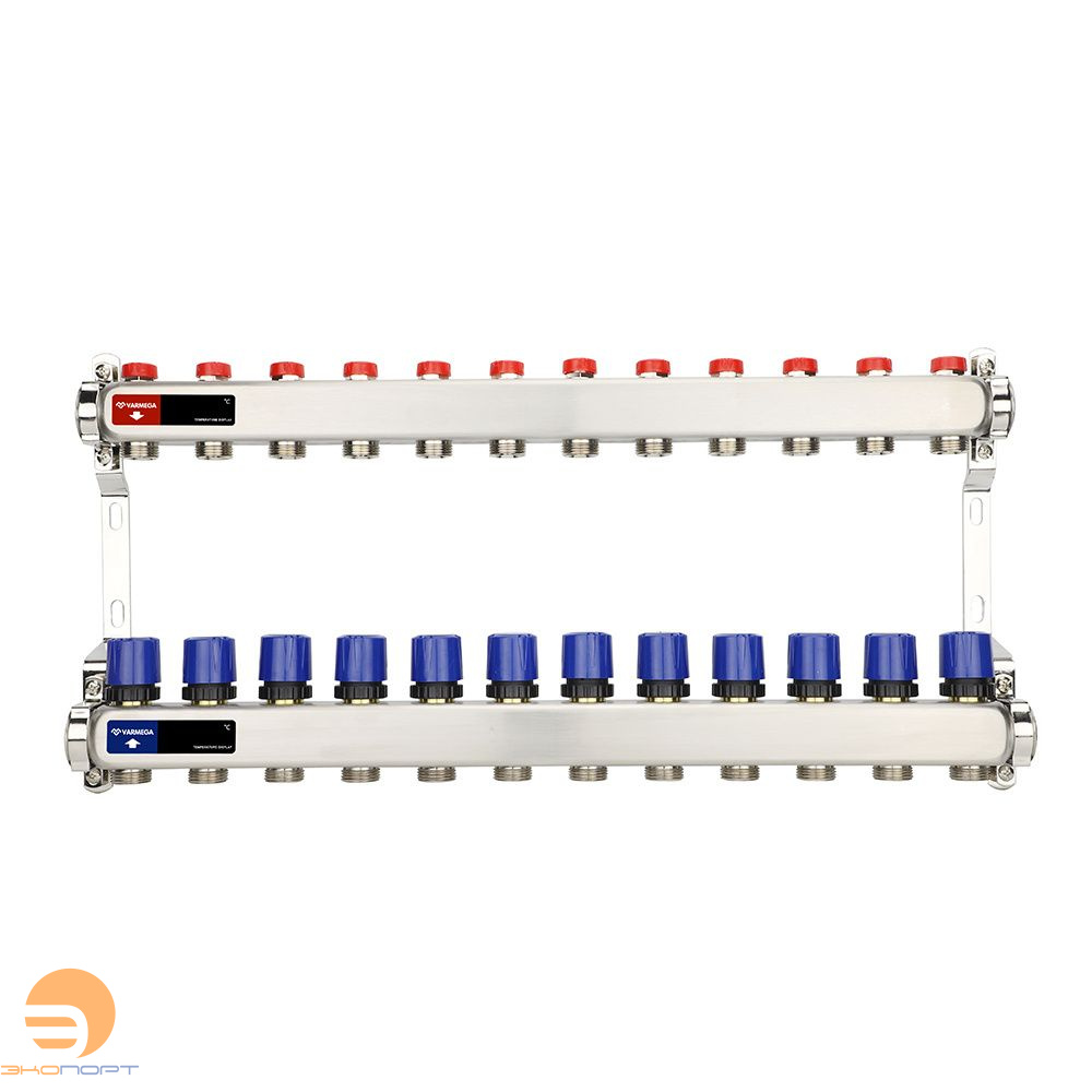 Коллектор с регулирующими и балансировочными клапанами 12 выхода (ВР1", 3/4" EK), нерж сталь Varmega