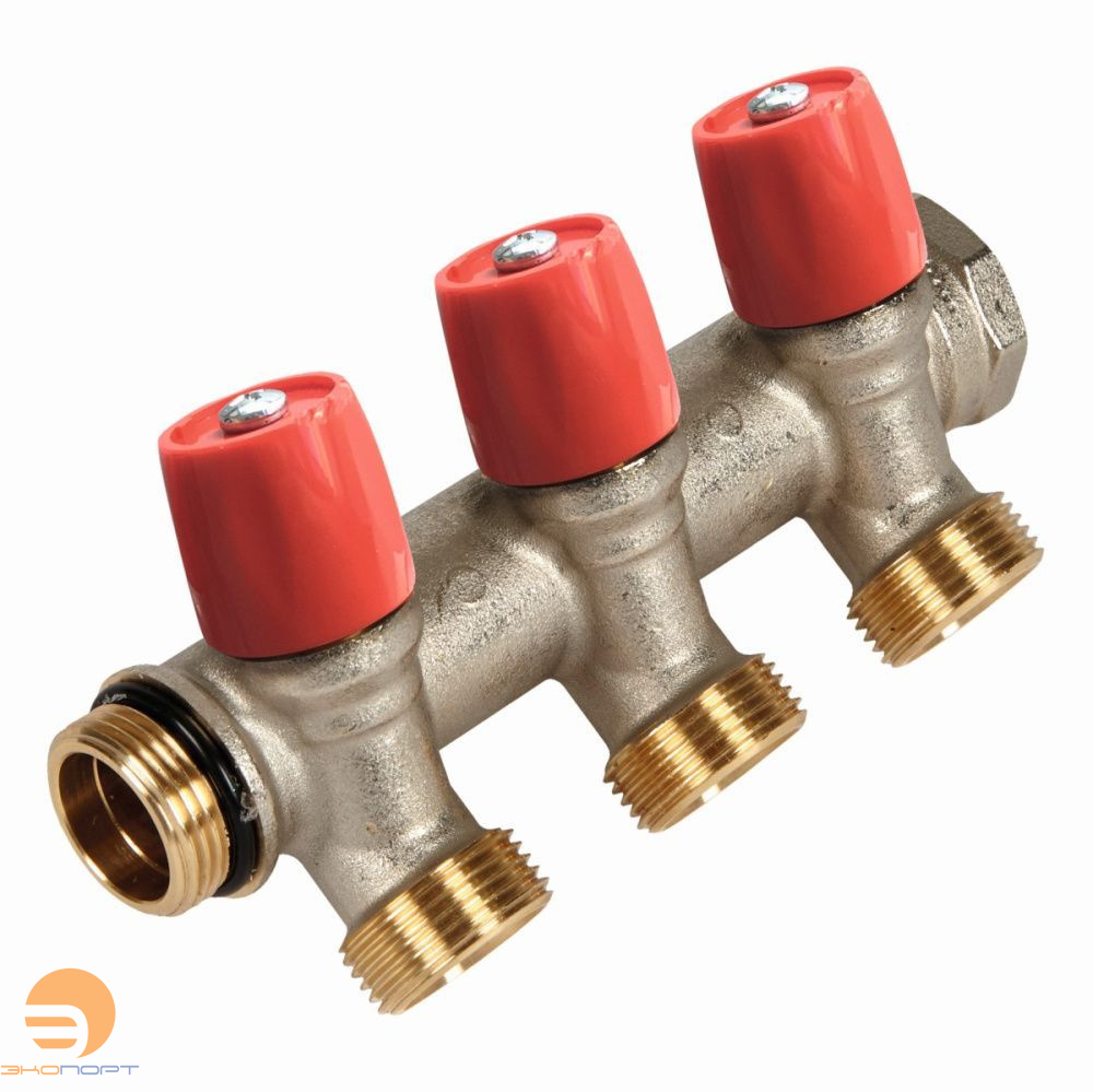 Коллектор с клапанами и евроконусом красный 3/4-3хЕК HENCO