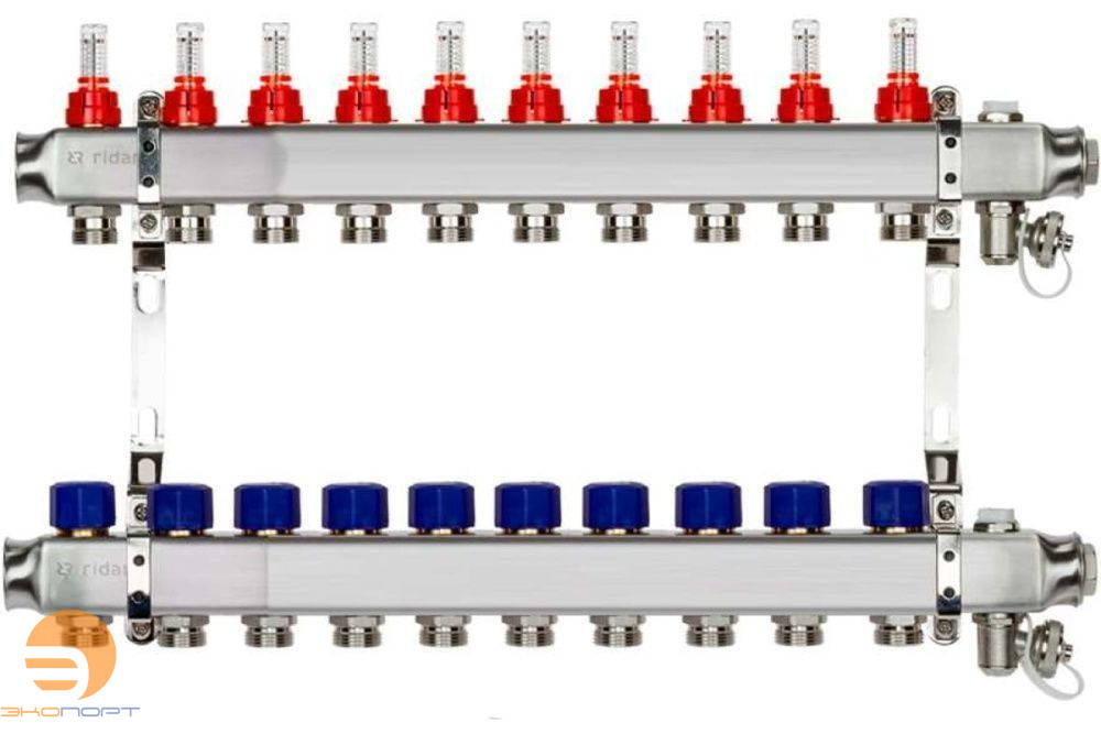 Комплект коллекторов SSM-10RF set, нерж., с расходомерами и кронштейнами, 10 контуров Ridan