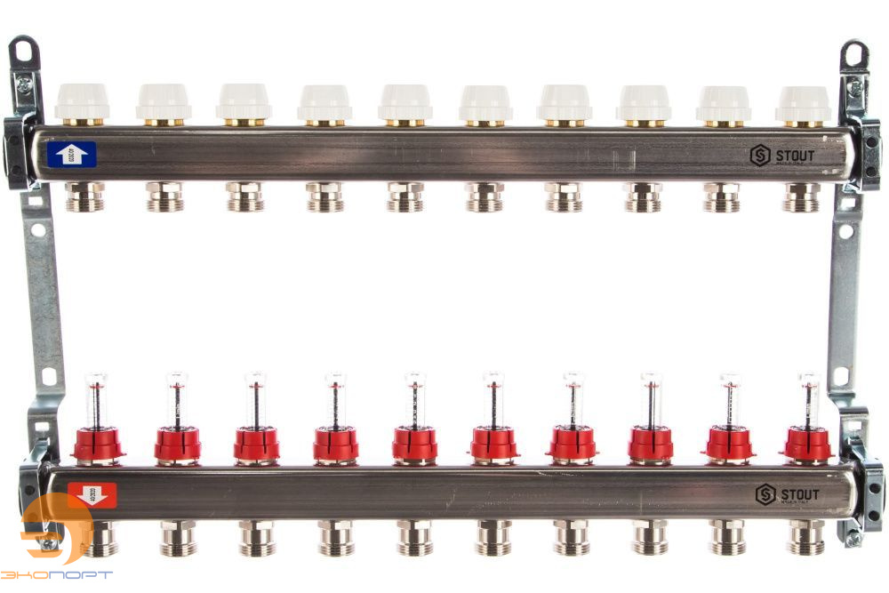 Коллектор 10 вых с расходомерами (без сливных кранов, без воздухоотводчиков, без заглушек)Stout