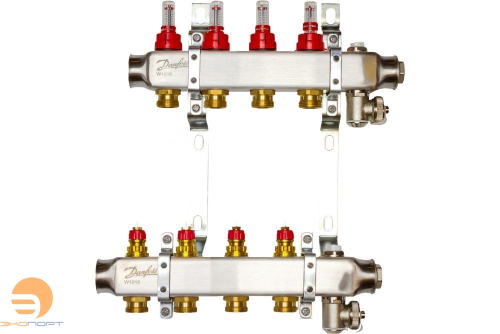 Коллекторы SSM-04F с расходомерами и кронштеинами, 4 контуров,  нерж.