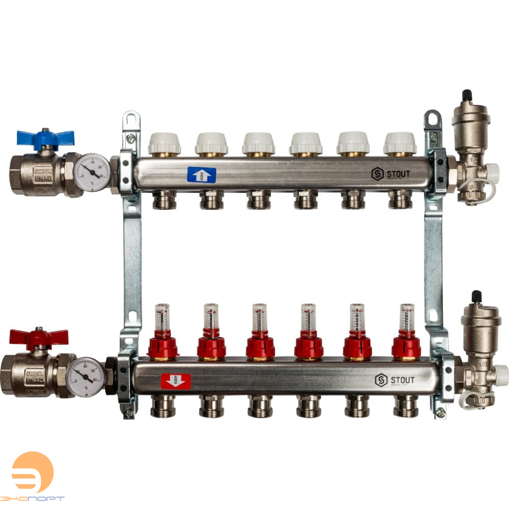 Коллектор в комплекте (краны и авт. воздухоотводчики)  6 вых с расходомерами Stout