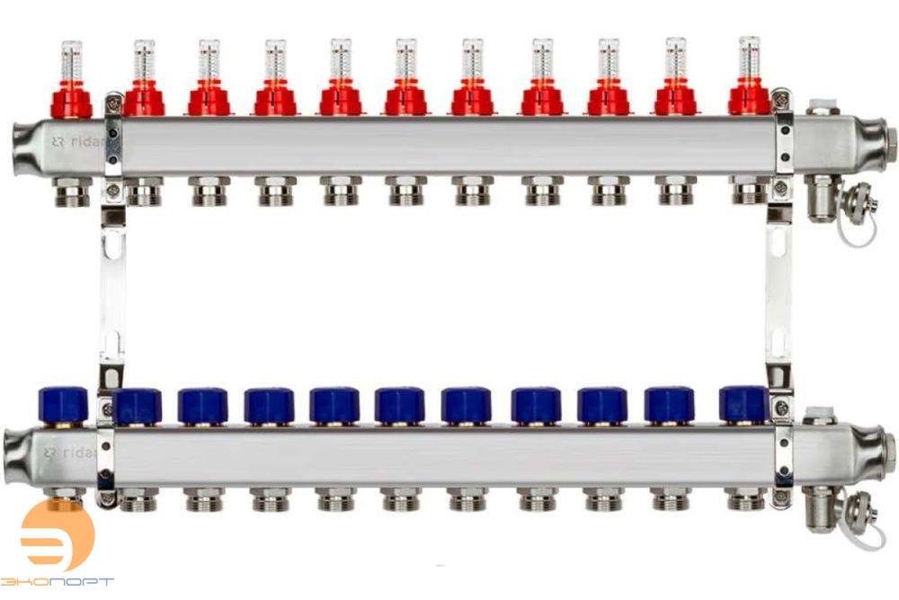 Комплект коллекторов SSM-11RF set, нерж., с расходомерами и кронштейнами, 11 контуров Ridan