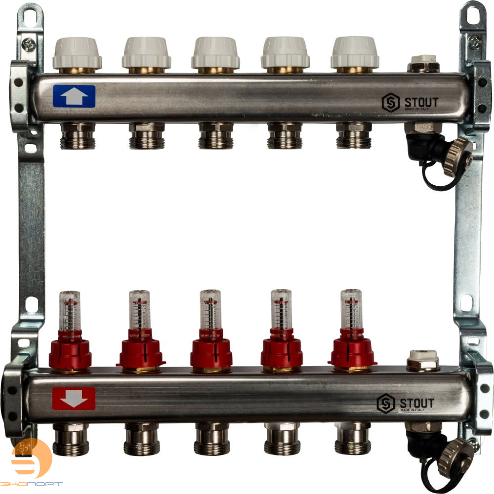 Коллектор  5 вых с расходомерами (сливные краны, воздухоотводчик, без заглушек) Stout