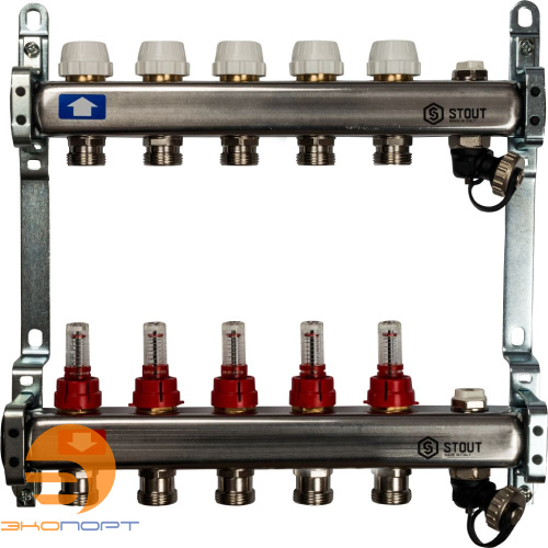 Коллектор  5 вых с расходомерами (сливные краны, воздухоотводчик, без заглушек) Stout
