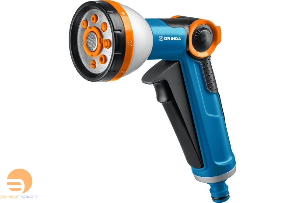 Пистолет поливочный, с регулятором напора, 8 режимов, курок спереди, GRINDA X-8 PROLine