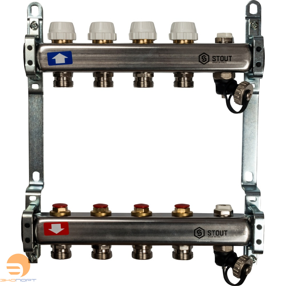 Коллектор  4 вых с вент вставками (сливные краны, воздухоотводчик, без заглушек) Stout