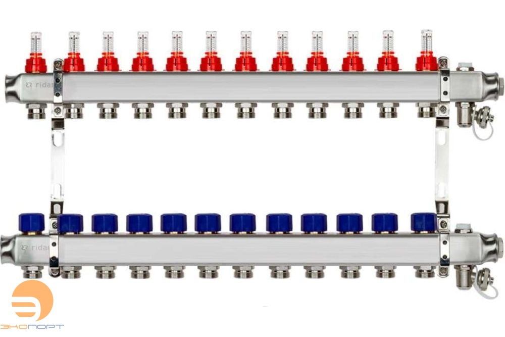 Комплект коллекторов SSM-12RF set, нерж., с расходомерами и кронштейнами, 12 контуров Ridan