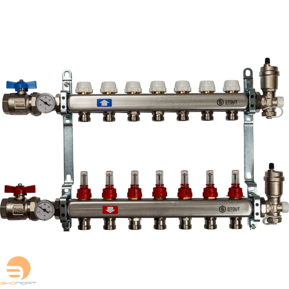 Коллектор в комплекте (краны и авт. воздухоотводчики)  7 вых с расходомерами Stout