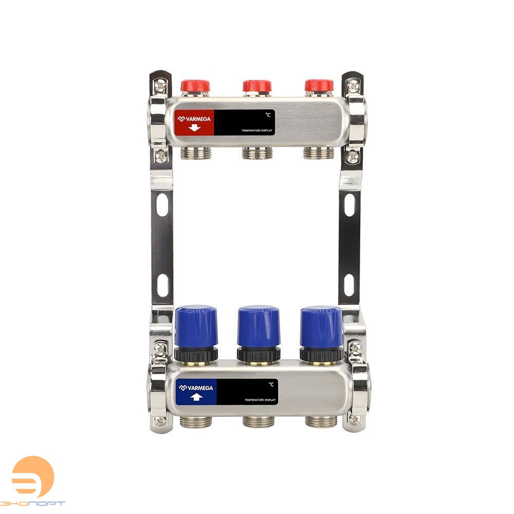 Коллектор с регулирующими и балансировочными клапанами 3 выхода (ВР1", 3/4" EK), нерж сталь Varmega
