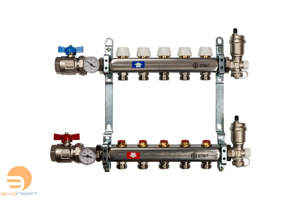 Коллектор в комплекте (краны и авт. воздухоотводчики) 5 вых с вент вставками Stout