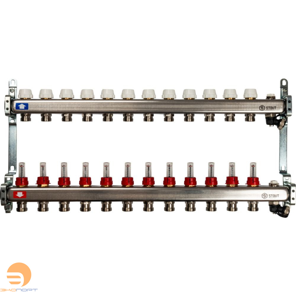 Коллектор 12 вых с расходомерами (сливные краны, воздухоотводчик, без заглушек) Stout