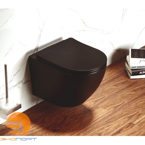 Унитаз подвесной безободковый в комплекте с сиденьем микролифт, антивсплеск, черный мат Azario Grado