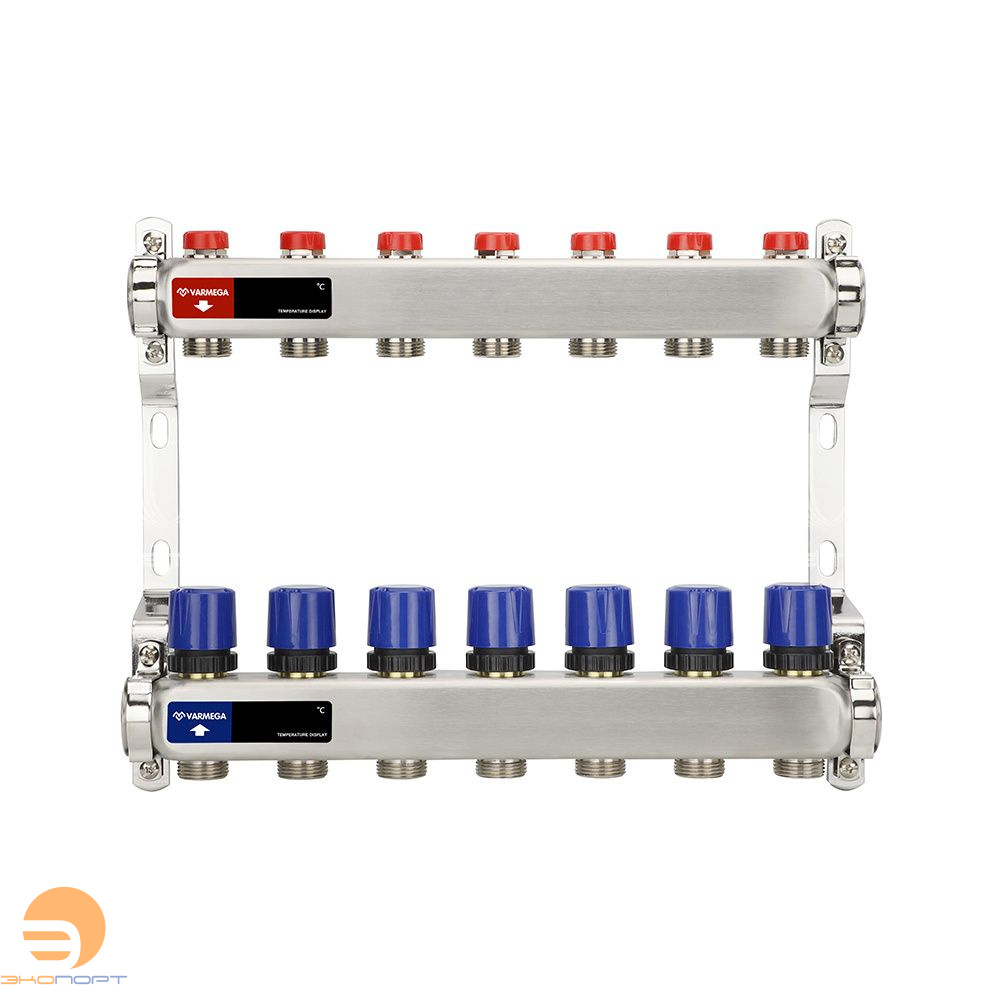 Коллектор с регулирующими и балансировочными клапанами 7 выхода (ВР1", 3/4" EK), нерж сталь Varmega
