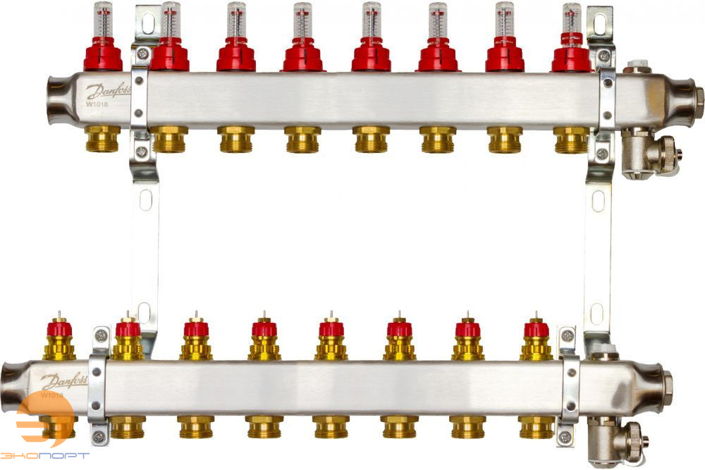 Коллекторы SSM-08F с расходомерами и кронштеинами, 8 контуров,  нерж.