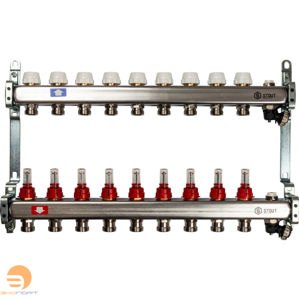 Коллектор  9 вых с расходомерами (сливные краны, воздухоотводчик, без заглушек) Stout