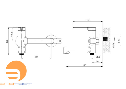 Смеситель для ванны Sochi с поворотным изливом (без аксесуаров), хром, ESKO