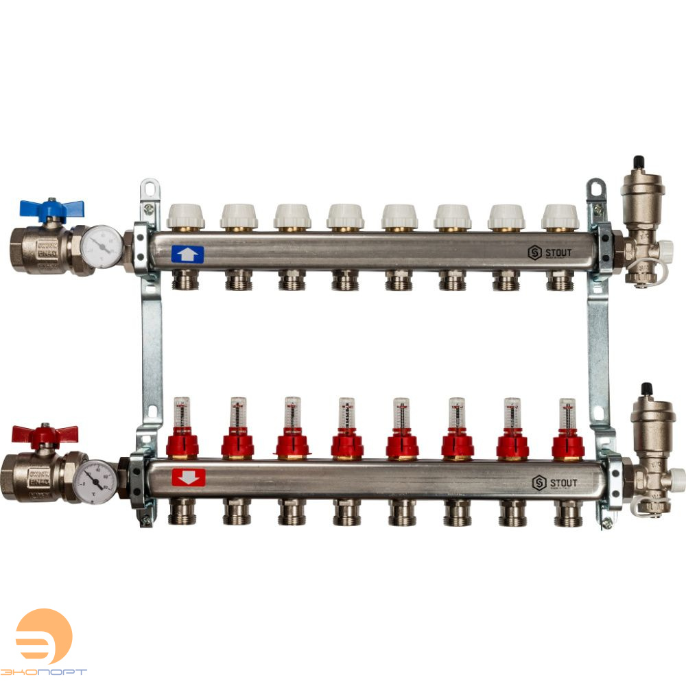 Коллектор в комплекте (краны и авт. воздухоотводчики)  8 вых с расходомерами Stout
