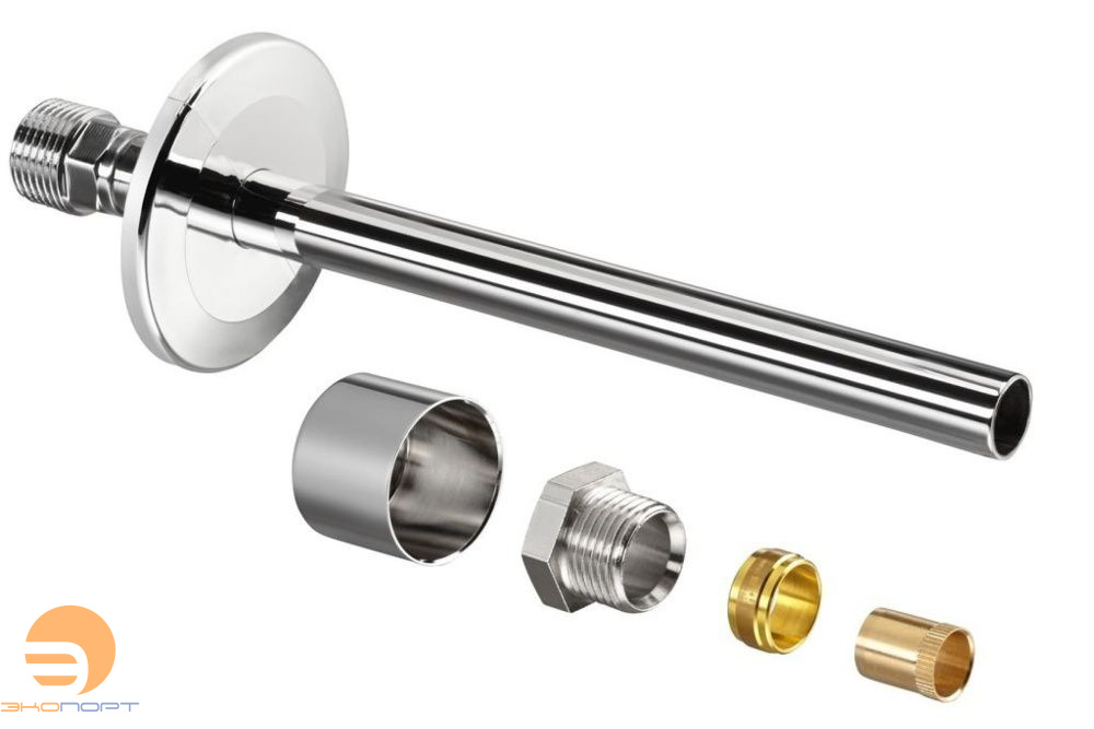Комплект для настенного монтажа, Ду 15, 1/2", хромированный (Состоит из : отрезка хромированной трубы диаметром 15 мм, длиной 150 мм, присоединительного элемента с наружной резьбой 1/2"  и присоединительного набора со стяжным кольцом)