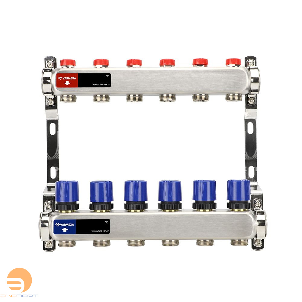 Коллектор с регулирующими и балансировочными клапанами 6 выхода (ВР1", 3/4" EK), нерж сталь Varmega