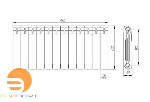 Радиатор алюминиевый 350/90 мм 12 секций Теплоприбор