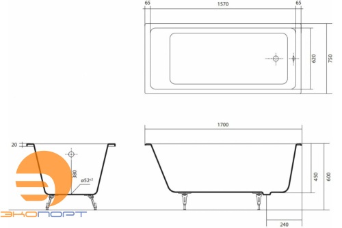 Ванна чугунная эмалированная АЛЬФА 1700x750x450 в комплекте с 4-мя ножками  AQUATEK