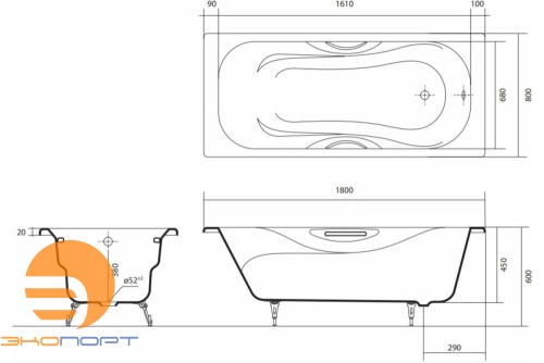 Ванна чугунная эмалированная ГАММА 1800x800x450 в комплекте с 4-мя ножками и 2-мя ручками AQUATEK