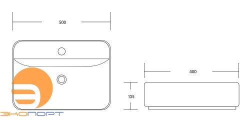 Раковина накладная прямоугольная MIEL (500*400*135), без перелива, белый глянец, MILLEAU