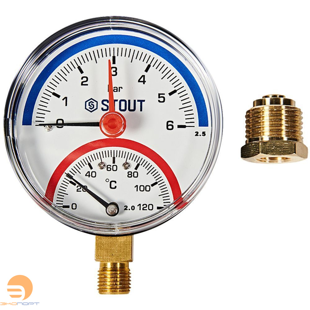 Термоманометр радиальный (0...120°C, 0-6 бар), Dn 80 мм 1/2, STOUT