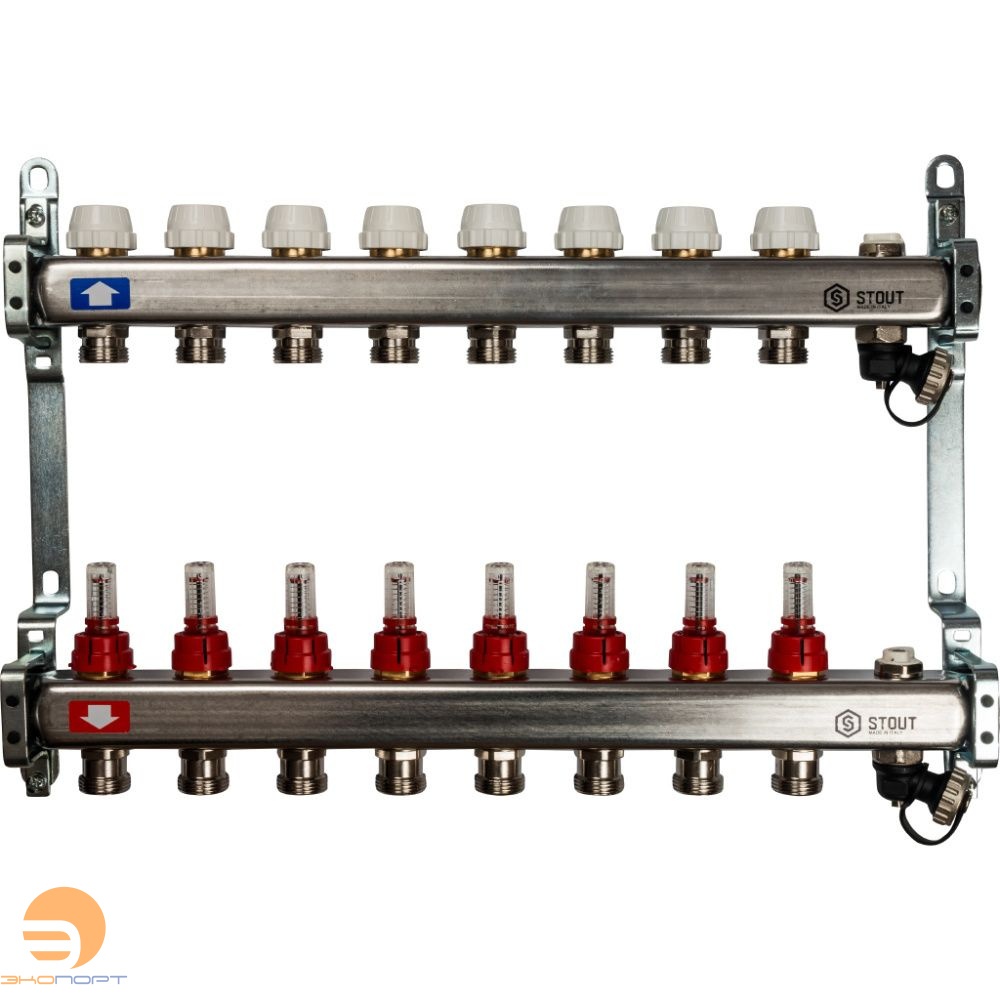 Коллектор  8 вых с расходомерами (сливные краны, воздухоотводчик, без заглушек) Stout