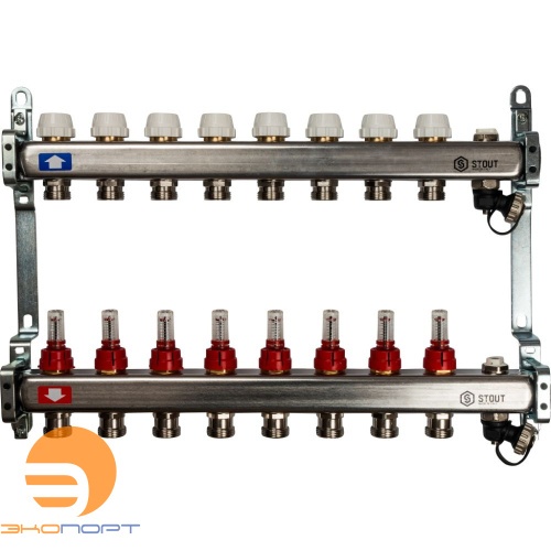 Коллектор  8 вых с расходомерами (сливные краны, воздухоотводчик, без заглушек) Stout