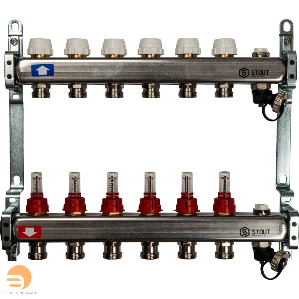 Коллектор  6 вых с расходомерами (сливные краны, воздухоотводчик, без заглушек) Stout
