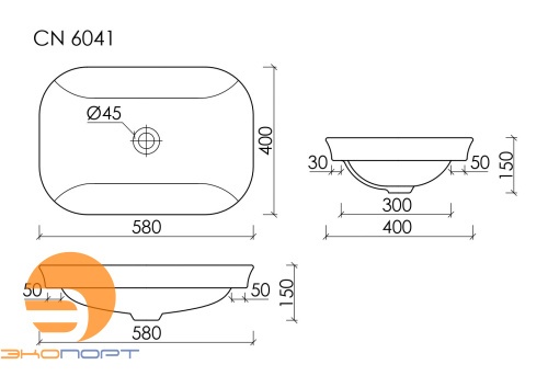 Раковина встраиваемая сверху в столешницу Элемент (Element) 580x400x150мм (CN6041) Ceramicanova