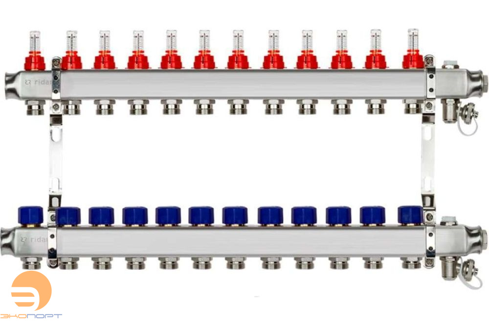 Комплект коллекторов SSM-12RF set, нерж., с расходомерами и кронштейнами, 12 контуров Ridan