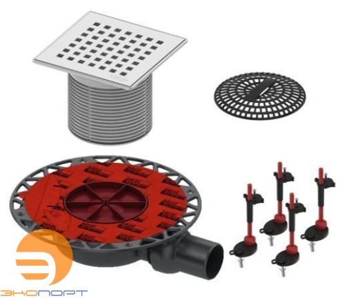 Комплект точечного трапа (низкий горизонтальный сифон DN50+решетка Quadratum+сетка для волос+опоры) ТЕСЕ