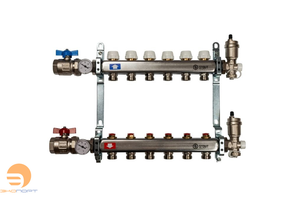 Коллектор в комплекте (краны и авт. воздухоотводчики) 6 вых с вент вставками Stout