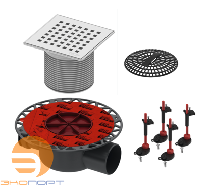 Комплект точечного трапа (сифон горизонтальный DN75+решетка Quadratum+сетка для волос+опоры) ТЕСЕ