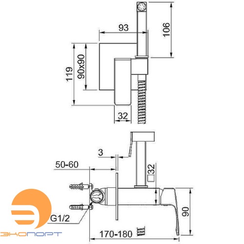 Смеситель с гигиеническим душем встраиваемый R01 Графит, RAGLO 