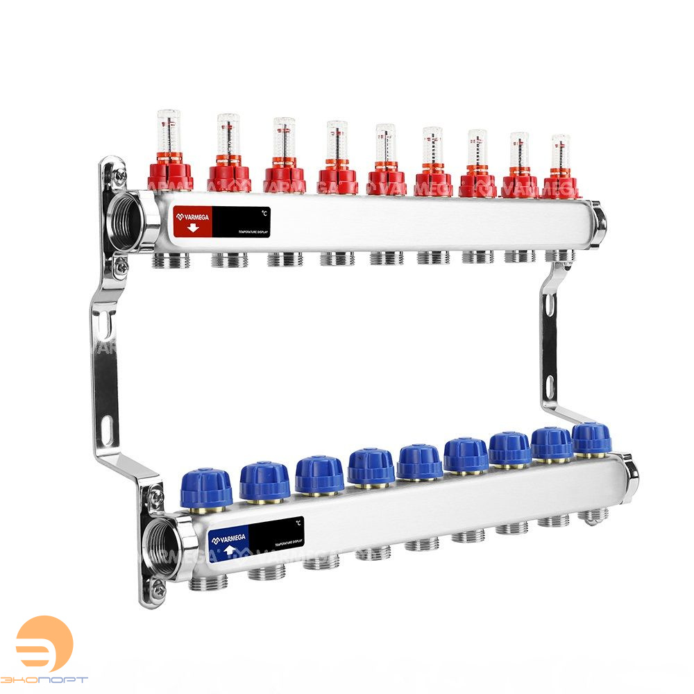 Коллектор с расходомерами 9 выходов (ВР1", 3/4" EK), нерж сталь Varmega