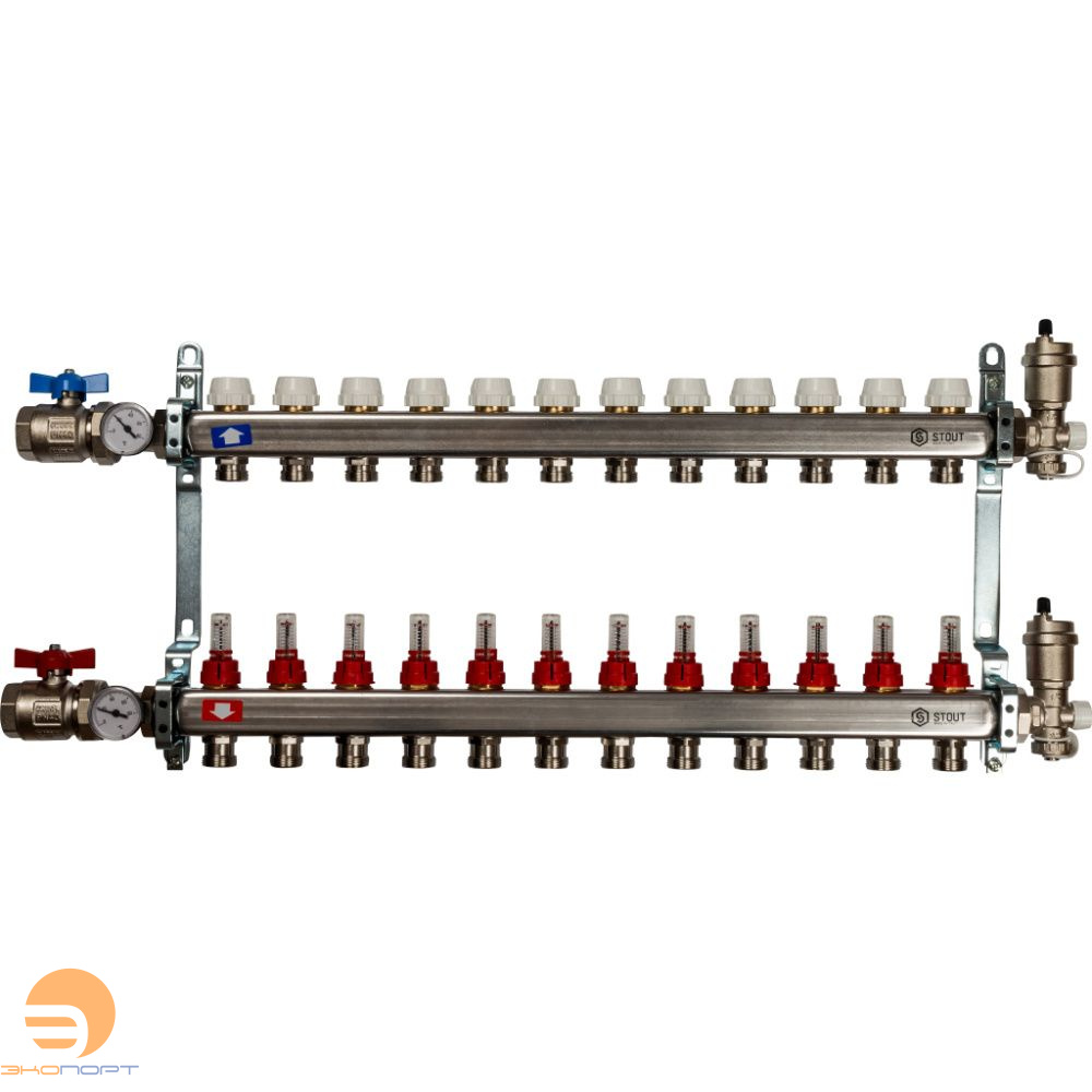 Коллектор в комплекте (краны и авт. воздухоотводчики) 12 вых с расходомерами Stout