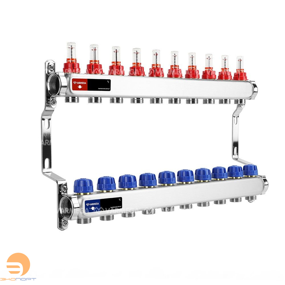 Коллектор с расходомерами 10 выходов (ВР1", 3/4" EK), нерж сталь Varmega